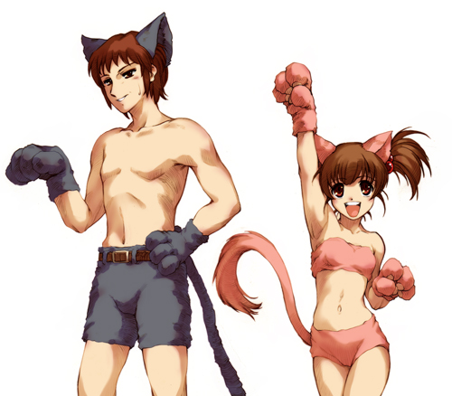 hisahiko, kyon, kyon no imouto, suzumiya haruhi no yuuutsu, lowres, 00s, 1boy, 1girl, animal ears, armpits, brother and sister, brown hair, cat ears, cat tail, midriff, siblings, simple background, tail, topless female, white background