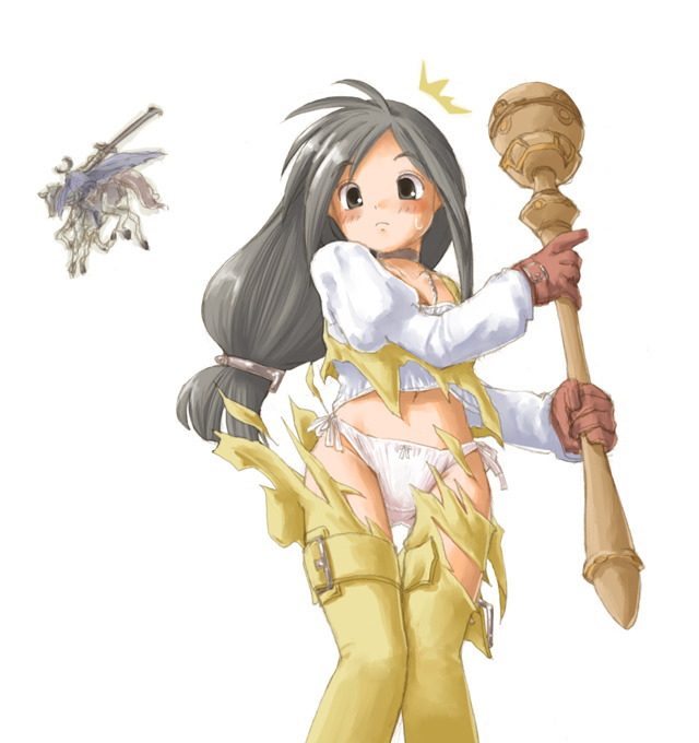 kasuga yukihito, garnet til alexandros xvii, odin, odin (final fantasy), sleipnir, final fantasy, final fantasy ix, 00s, 1girl, ^^^, black hair, horse, long hair, low-tied long hair, panties, staff, sword, tearing clothes, torn clothes, underwear, weapon, white background