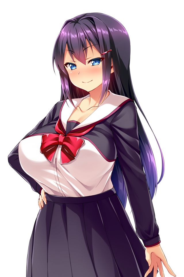 satou kuuki, game cg, large variant set, non-web source, official art, variant set, 1girl, ayazaki shizuku, black hair, black skirt, blue eyes, blush, bow, breasts, collarbone, cowboy shot, gradient hair, hair ornament, hairclip, hand on own hip, huge breasts, long hair, long sleeves, looking at viewer, multicolored hair, nose blush, pleated skirt, purple hair, school uniform, serafuku, shirt, skirt, smile, solo, soukou seiki ysphere, tented shirt, transparent background