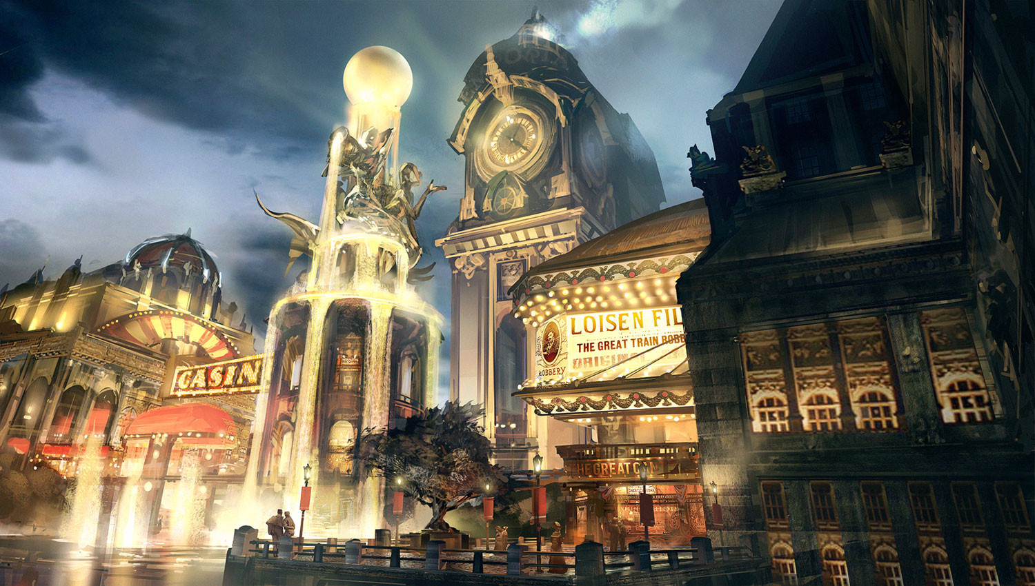 ben lo, bioshock, bioshock (series), bioshock infinite, 6+others, analog clock, casino, clock, clock tower, english text, fountain, geyser, lamppost, mini person, movie theater, multiple others, night, outdoors, painterly, people, perspective, plant, potted plant, railing, scenery, sign, size difference, statue, tower, tree, window