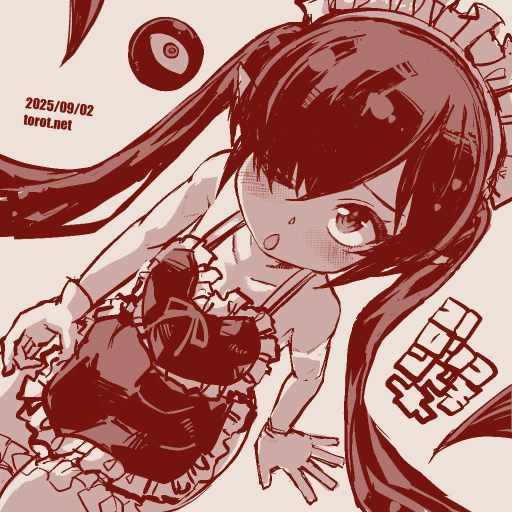 torotei, backbeako (torotei), backbeard, gegege no kitarou, original, commentary, paid reward available, translated, 1girl, ;o, apron, blush, collarbone, dated, dated commentary, dutch angle, gloves, hair over one eye, heart apron, kono lolicon domome, long hair, looking at viewer, looking up, maid headdress, monochrome, naked apron, one eye closed, open mouth, pointy ears, red theme, ribbon, simple background, sitting, solo, thighhighs, twintails, very long hair, watermark, web address, white background