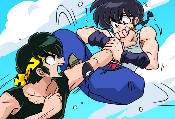 wanta (futoshi), hibiki ryouga, saotome ranma, ranma 1/2, 2boys, bandana, black hair, blue eyes, blue sky, braid, braided ponytail, cloud, cloudy sky, fighting, multiple boys, punching, sky, yellow bandana