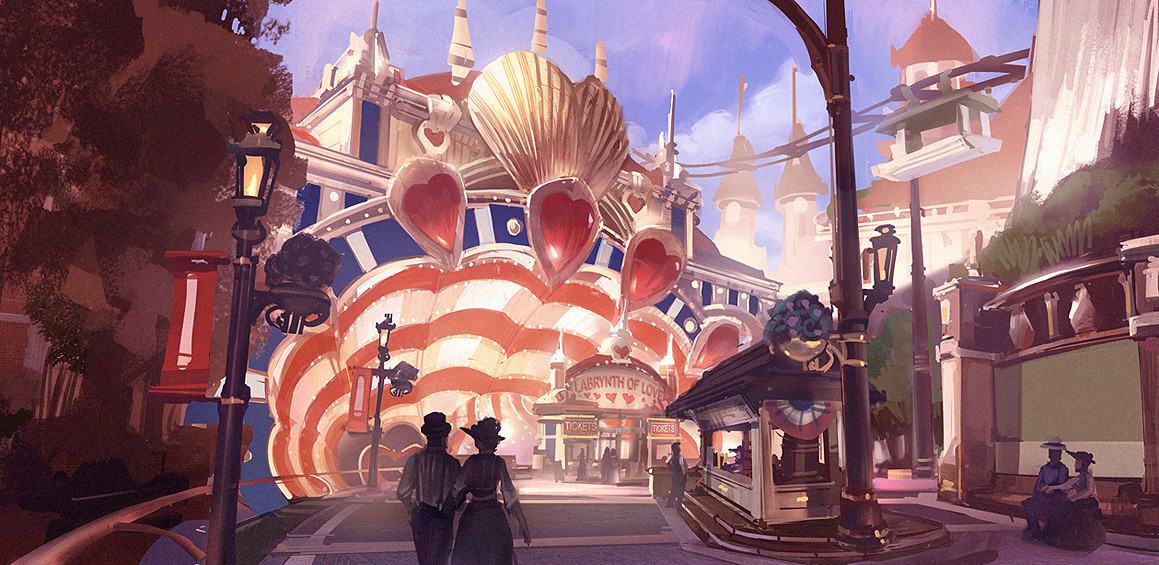 ben lo, bioshock, bioshock (series), bioshock infinite, 6+others, building, day, english text, flag, heart, heart print, lamppost, multiple others, outdoors, painterly, road, roller coaster, scenery, sign, street, ticket booth, tree, walking