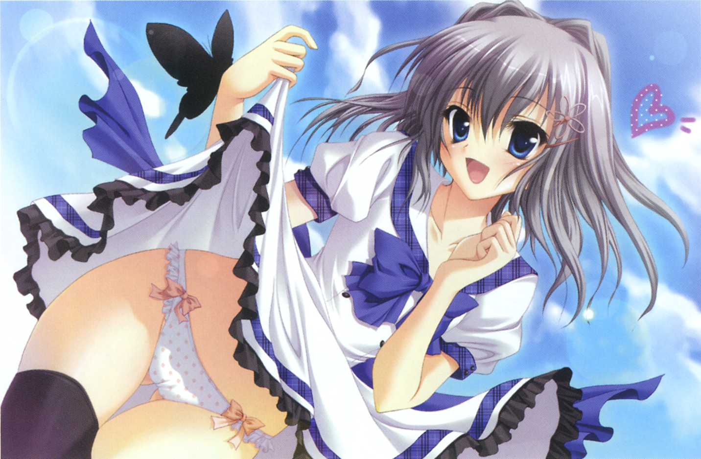 izumi tsubasu, katagiri yuuhi, akane-iro ni somaru saka, 1girl, blue eyes, blue hair, bow, bow panties, bug, butterfly, clothes lift, dress, dress lift, female focus, hair ribbon, insect, matching hair/eyes, panties, polka dot, polka dot panties, ribbon, solo, thigh gap, thighhighs, underwear, white panties