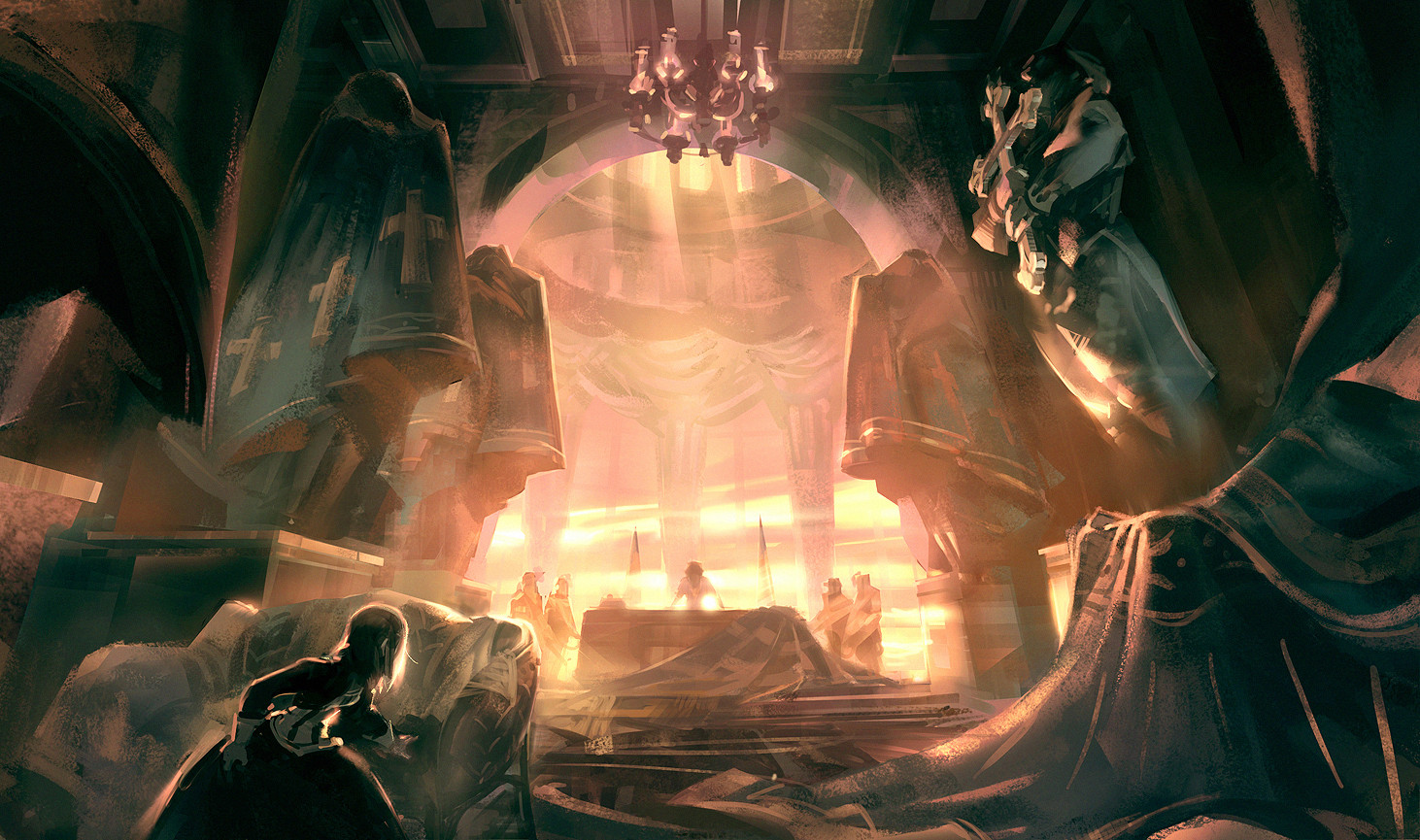 ben lo, bioshock, bioshock (series), bioshock infinite, 6+others, chandelier, column, corset, cross, cross print, curtains, dress, faceless, holding, holding cross, house, indoors, light rays, limited palette, multiple others, outstretched arms, painterly, pillar, red dress, scenery, squatting, statue