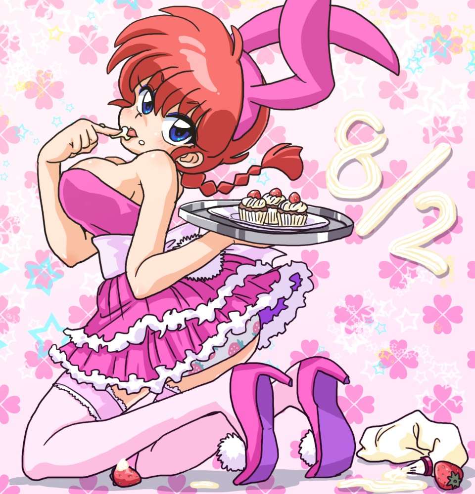 wanta (futoshi), ranma-chan, ranma 1/2, 1990s (style), 1girl, animal ears, breasts, cleavage, colorful background, cupcake, dessert, dress, dynamic pose, food, frilled skirt, frills, fruit, high heels, kneeling, pink dress, rabbit ears, red hair, retro artstyle, skirt, strawberry, thighhighs, tongue, tongue out, tray