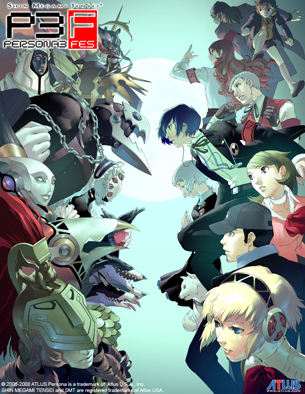 soejima shigenori, aigis (persona), amada ken, aragaki shinjirou, artemisia (megami tensei), athena (megami tensei), caesar (megami tensei), castor (persona), cerberus (megami tensei), io (megami tensei), iori junpei, isis (megami tensei), juno (megami tensei), kala nemi, kala nemi (megami tensei), kirijou mitsuru, koromaru (persona), sanada akihiko, takeba yukari, thanatos (persona), trismegistus, yamagishi fuuka, yuuki makoto (persona 3), atlus, persona, persona 3, scan, 4girls, 5boys, armband, beanie, blonde hair, blue eyes, blue hair, brown hair, chain, everyone, hat, helmet, long hair, multiple boys, multiple girls, opposing sides, red hair, s.e.e.s, school uniform, serafuku, short hair, white hair