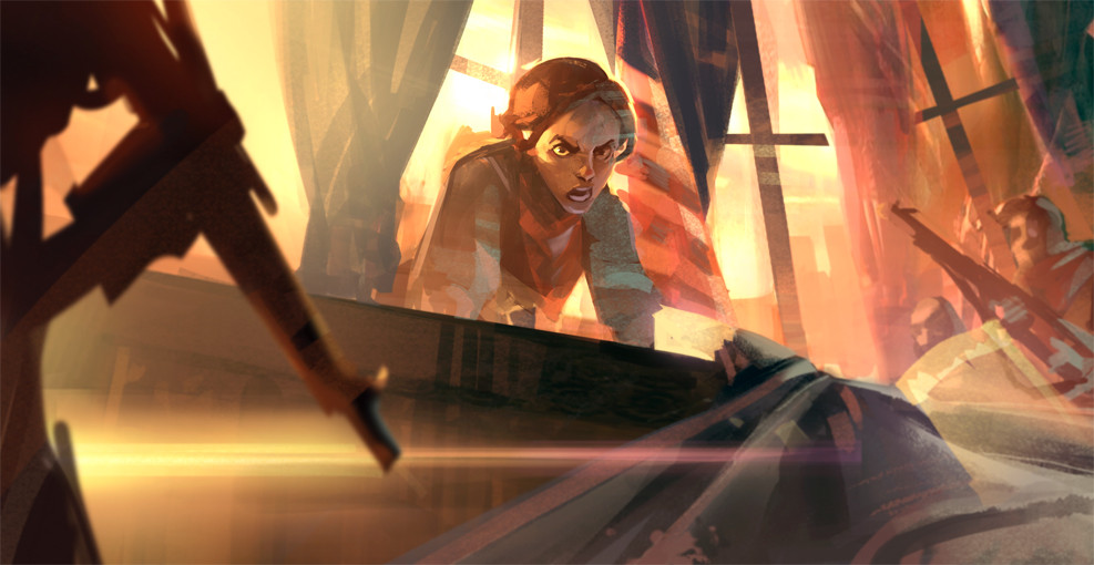 ben lo, bioshock, bioshock (series), bioshock infinite, character request, 1girl, 3others, angry, brown hair, curtains, grand piano, holding, holding weapon, indoors, instrument, lens flare, light rays, multiple others, music, open mouth, painterly, piano, playing instrument, pointing, scenery, short hair, weapon, window