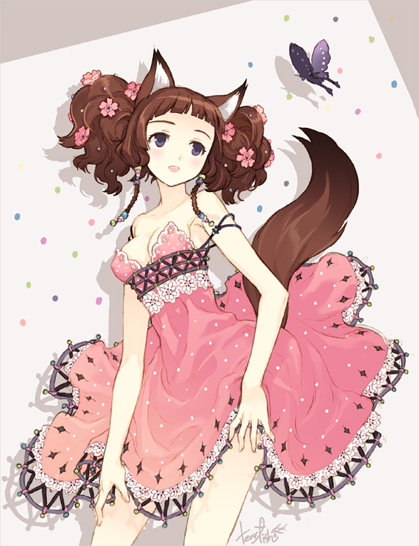 tearfish, original, 1girl, animal ears, bare shoulders, brown hair, bug, butterfly, dress, female focus, flower, hair ornament, insect, solo, tail