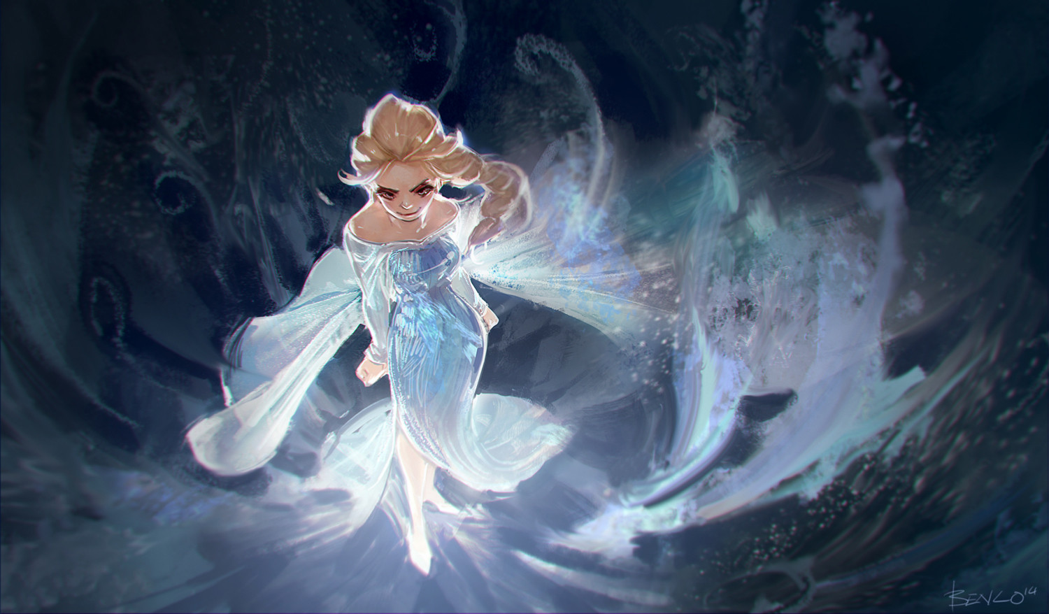 ben lo, elsa (frozen), frozen (disney), facing up, 1girl, blonde hair, blue dress, blue eyes, braid, breasts, cape, clenched hand, dress, fading, from above, full body, hair flowing over, looking at viewer, looking up, side slit, slippers, smile, solo, standing, white cape, white slippers