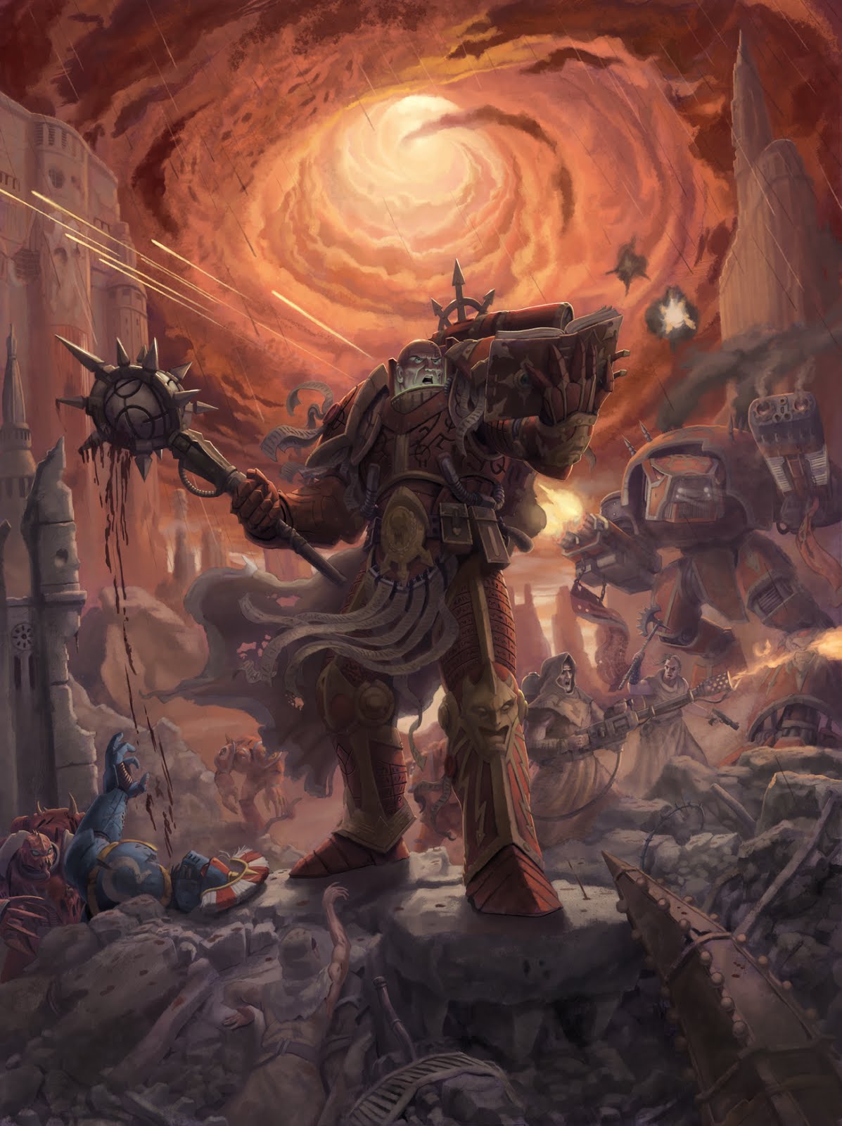 jeff porter, adeptus astartes, chaos space marine, lorgar aurelian, ultramarines, warhammer 40k, commentary, english commentary, highres, 6+boys, angry, armor, armored boots, asymmetrical dual wielding, bald, banner, barbed wire, battle, battle standard, belt bag, blood, blood on ground, blood splatter, bloody weapon, blue armor, book, boots, breastplate, chaos (warhammer), chaos undivided (symbol), clawed gauntlets, claws, cloak, cloud, cloudy sky, colored skin, corpse, cracked armor, death, demon, destruction, dual wielding, engraved armor, explosion, fire, firing, flamethrower, full armor, full body, gauntlets, greaves, green eyes, grey cloak, gun, halberd, holding, holding book, holding flamethrower, holding gun, holding mace, holding polearm, holding weapon, hood, hooded cloak, illuminarum, lightning bolt symbol, lying, mace, male focus, multiple boys, muzzle flash, no headwear, omega symbol, on back, on rock, on stomach, open book, open mouth, ornate armor, outdoors, pauldrons, pelvic curtain, plume, polearm, possessed, power armor, primarch, projectile trail, pteruges, purity seal, red armor, red skin, red sky, robe, ruins, rune tattoo, science fiction, shoulder armor, skull ornament, sky, smoke, space marine, spiked mace, spikes, swirl, titan (warhammer 40k), torn cloak, torn clothes, tower, tube, vambraces, war, war banner, weapon, word bearers