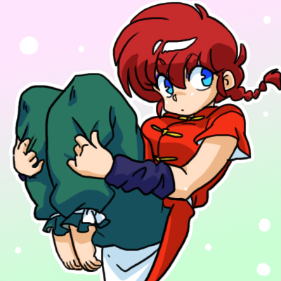 wanta (futoshi), ranma-chan, ranma 1/2, lowres, 1990s (style), 1girl, barefoot, blue eyes, chinese clothes, colorful background, dynamic pose, green pants, legs, midair, motion lines, pants, red hair, retro artstyle, ribbon, tangzhuang