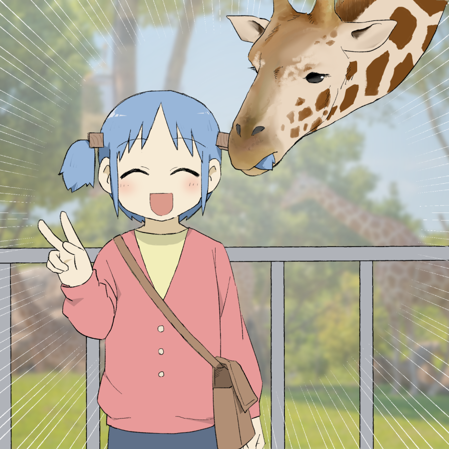 naganohara mio, nichijou, 1girl, :d, animal, bag, biting hair, blue hair, blue skirt, blurry, blurry background, buttons, closed eyes, cube hair ornament, ebichi 3, fence, giraffe, hair ornament, iron fence, jacket, open mouth, photo background, red jacket, shirt, short twintails, shoulder bag, skirt, smile, twintails, v, yellow shirt, zoo