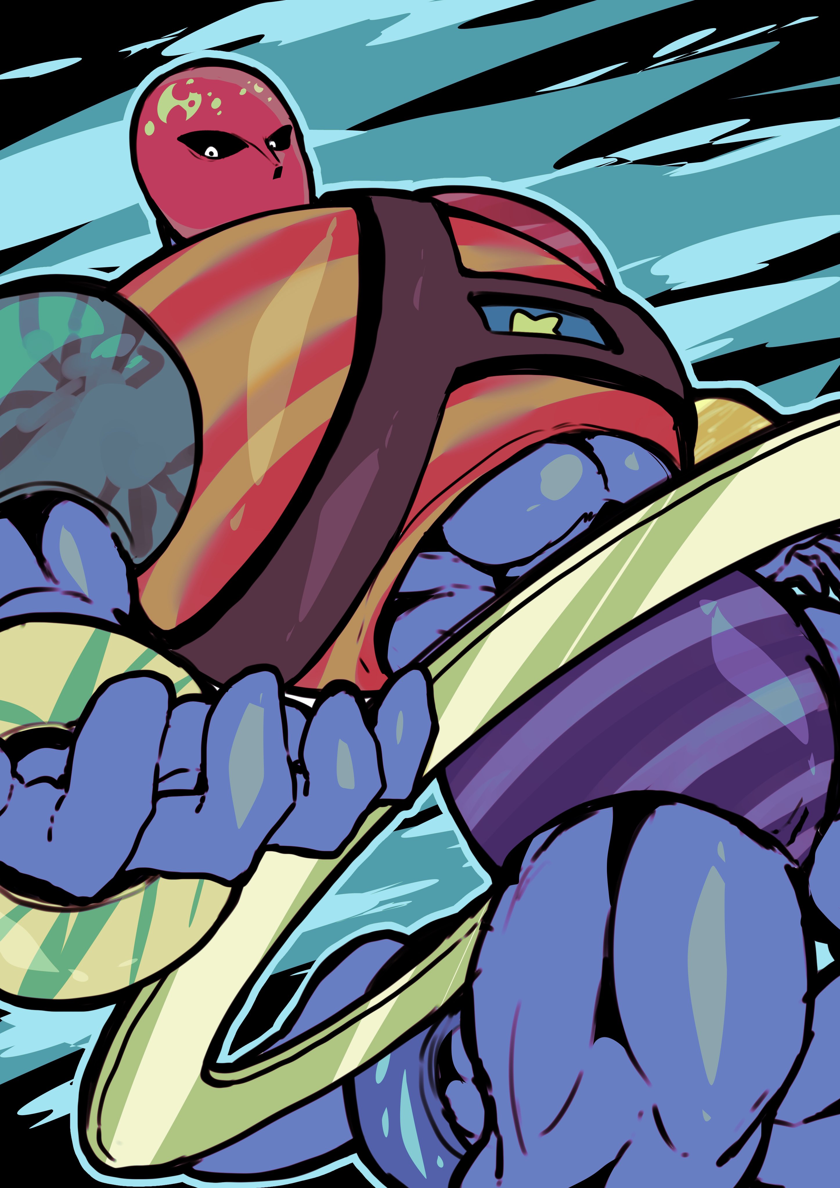 otyumamii, planetman (kinnikuman), kinnikuman, absurdres, commentary request, highres, 1boy, aqua background, armor, black sclera, blue skin, bracelet, colored sclera, colored skin, jewelry, looking down, looking to the side, male focus, male underwear, mask, muscular, muscular male, purple male underwear, red mask, ring, solo, striped male underwear, underwear, white eyes, wrestling trunks