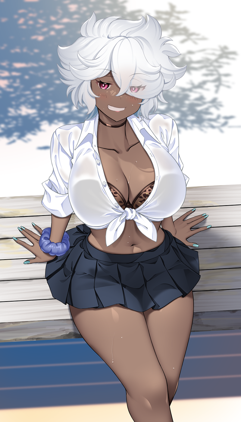 hataraki kuma, original, highres, 1girl, animal print, black skirt, bra, breasts, brown bra, cleavage, dark-skinned female, dark skin, grin, gyaru, jewelry, kogal, large breasts, leopard print, looking at viewer, midriff, miniskirt, navel, neck ring, on bench, pink eyes, pleated skirt, school uniform, scrunchie, shirt, short hair, sitting, skirt, smile, solo, stomach, tied shirt, underwear, white hair, white shirt, wrist scrunchie