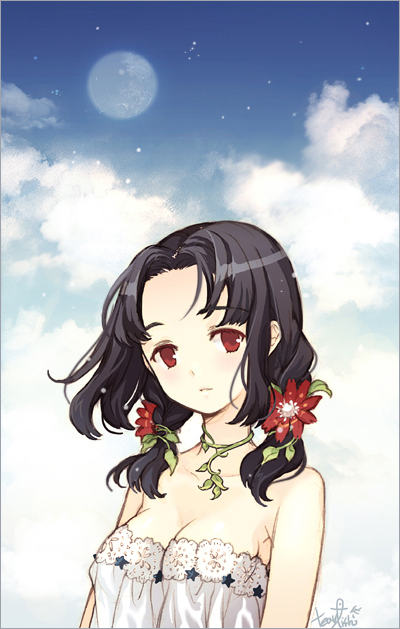 tearfish, original, bad id, bad pixiv id, 1girl, bare shoulders, black hair, breasts, cleavage, cloud, female focus, flower, full moon, hair ornament, jewelry, moon, necklace, red eyes, sky, solo, twintails