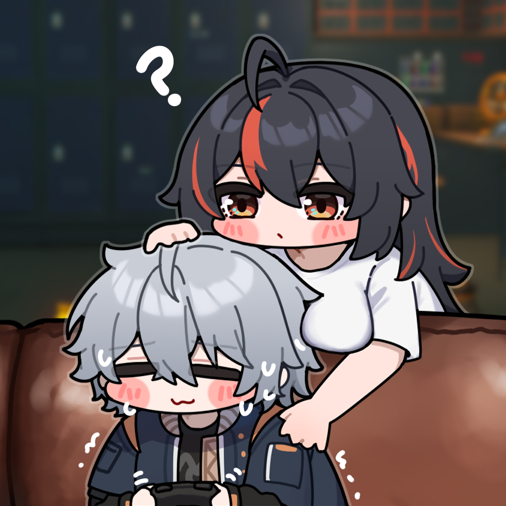 ldd.ek, wise (zenless zone zero), zhu yuan, zenless zone zero, 1girl, ?, ahoge, behind another, black hair, black shirt, blue jacket, closed eyes, confused, controller, couch, from behind, game controller, gamepad, grabbing from behind, grey hair, hand on another's head, hand on another's shoulder, jacket, long hair, multicolored hair, open mouth, orange eyes, red hair, red streaks, shirt, short sleeves, sitting, streaked hair, sweatdrop, wavy mouth, white shirt