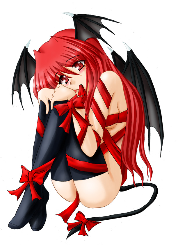 koakuma, embodiment of scarlet devil, touhou, md5 mismatch, resolution mismatch, source smaller, 1girl, ass, female focus, full body, head wings, mouth hold, naked ribbon, ribbon, simple background, sitting, solo, tail, thighhighs, white background, wings