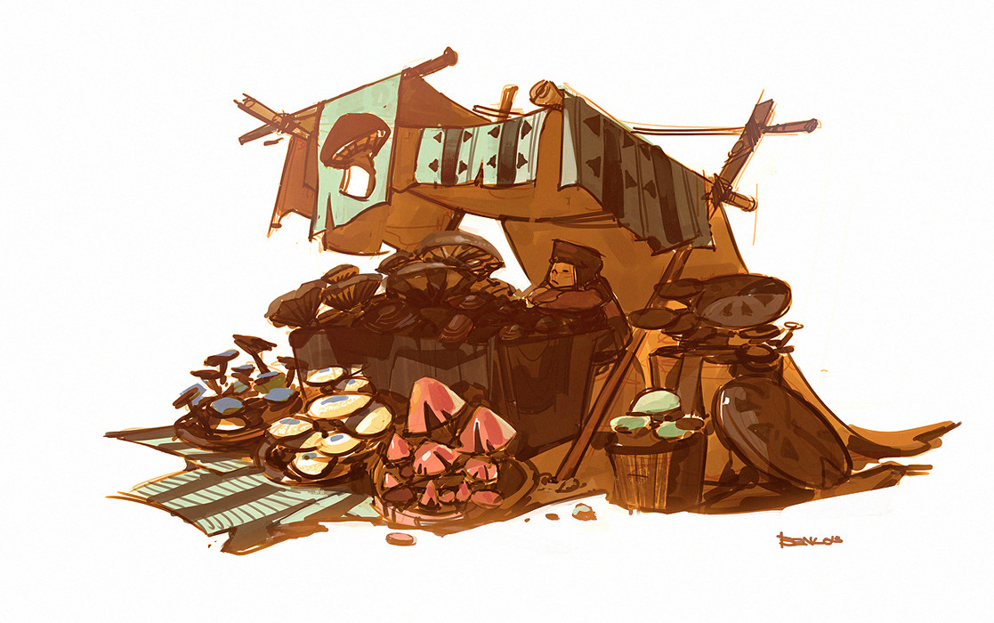 ben lo, original, 1girl, :/, alternate species, basket, bored, bucket, canopy (shelter), closed eyes, crossed arms, food print, food stand, hat, market stall, mushroom, mushroom print, on barrel, painterly, scenery, sign, simple background, slouching, solo, tent, white background