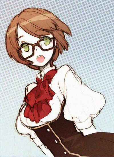 tearfish, brown hair, glasses, green eyes, open mouth, ribbon, short hair, solo