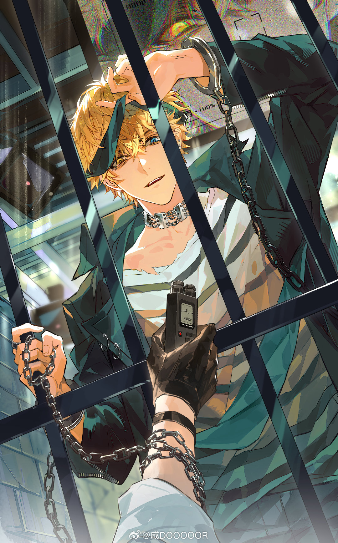 xiandao1213, love and producer, chinese commentary, highres, 1boy, bags under eyes, black gloves, black shirt, blindfold, blindfold lift, blonde hair, blue eyes, chain, chain around arm, collar, collarbone, cuffs, ear piercing, earrings, evil smile, gloves, green jacket, hair between eyes, handcuffs, heterochromia, holding, holding bars, holding chain, indoors, iron bars, jacket, jewelry, lapels, long sleeves, looking at viewer, male focus, notched lapels, open clothes, open jacket, parted lips, piercing, pov, pov hands, prison, prison clothes, recording audio, screen, security camera, shirt, short hair, smile, solo, striped clothes, striped shirt, torn clothes, torn shirt, upper body, voice recorder, watermark, weibo watermark, white shirt, yellow eyes, zhou quiluo