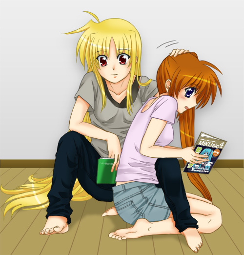 hachi (hachikai), fate testarossa, hatsune miku, takamachi nanoha, lyrical nanoha, mahou shoujo lyrical nanoha, mahou shoujo lyrical nanoha strikers, vocaloid, 00s, 2girls, bad anatomy, blonde hair, book, cameo, headpat, magazine (object), multiple girls, poorly drawn, side ponytail