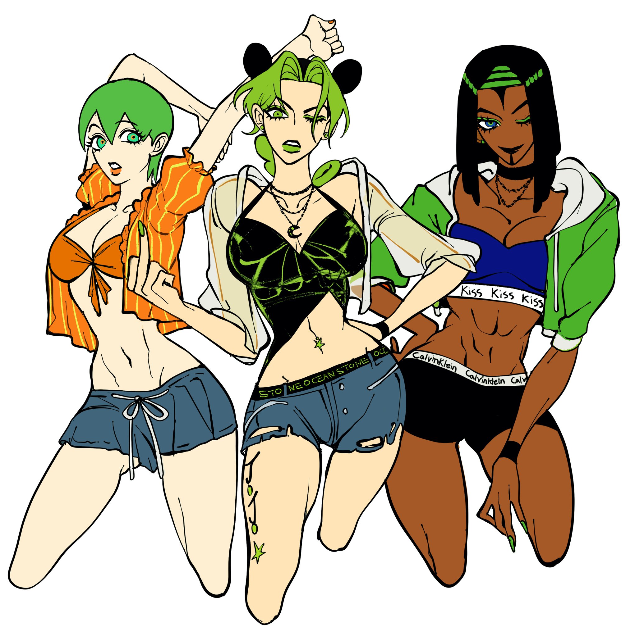 clamchowder55, ermes costello, foo fighters (jojo), kuujou jolyne, jojo no kimyou na bouken, stone ocean, commentary, highres, symbol-only commentary, 3girls, abs, alternate costume, bikini, black choker, black hair, black shorts, blue bra, blue eyes, blue tube top, bra, braid, breasts, choker, cleavage, crop top, cutoffs, dark-skinned female, dark skin, denim, denim shorts, double bun, dreadlocks, eyeliner, front-tie top, green eyeliner, green eyes, green hair, green hairband, green jacket, green lips, green nails, grey hood, hair bun, hairband, hand on own hip, hood, hood down, jacket, jewelry, leg tattoo, makeup, medium breasts, middle finger, midriff, multicolored hair, multiple girls, navel, navel piercing, necklace, no nose, one eye closed, open clothes, open jacket, orange bikini, orange shirt, piercing, see-through clothes, see-through shirt, shirt, short hair, short shorts, shorts, sports bra, strapless, stretching, swimsuit, tattoo, torn clothes, torn shorts, tube top, two-tone hair, underwear, white background