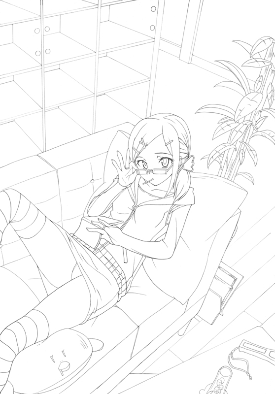gin (ginshari), original, 1girl, female focus, gin (ginshari) , glasses, greyscale, monochrome, solo, striped clothes, striped thighhighs, thighhighs