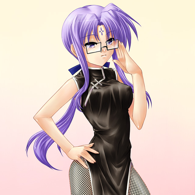 ayato, leti lowran, lyrical nanoha, mahou shoujo lyrical nanoha, mahou shoujo lyrical nanoha strikers, 00s, 1girl, adjusting eyewear, china dress, chinese clothes, dress, female focus, fishnet pantyhose, fishnets, glasses, pantyhose, ponytail, purple eyes, purple hair, solo