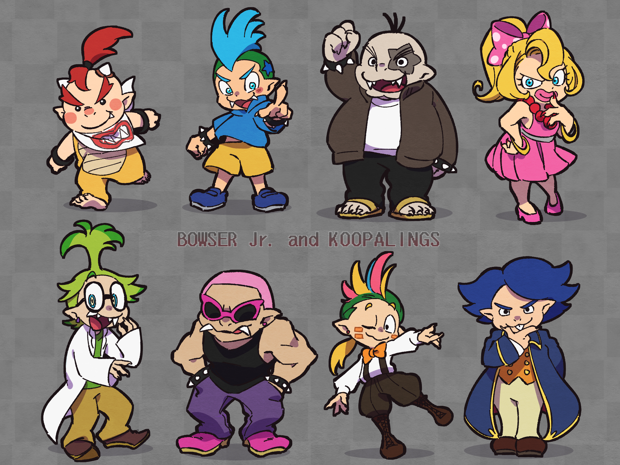 ukata, bowser jr., iggy koopa, koopalings, larry koopa, lemmy koopa, ludwig von koopa, morton koopa jr., roy koopa, wendy o. koopa, mario (series), nintendo, commentary, highres, 1girl, 6+boys, bead necklace, beads, black-framed eyewear, black boots, black jacket, black pants, blonde hair, blue coat, blue eyes, blue hair, blue shirt, blush stickers, boots, bow, bowtie, bracelet, buck teeth, buzz cut, clenched hand, closed mouth, coat, crazy smile, dark skin, dress, earrings, english text, facial mark, fangs, finger to mouth, fingernails, frown, green hair, grey background, hair bow, hand on own chest, hand on own hip, hands in pockets, high heels, jacket, jewelry, lab coat, lips, long sleeves, looking at viewer, medium dress, medium hair, mohawk, multicolored hair, multiple boys, nail polish, necklace, one eye closed, open mouth, pants, personification, pink-framed eyewear, pink bow, pink dress, pink hair, pink shoes, pointing, pointing at viewer, pointy ears, polka dot, polka dot bow, ponytail, purple pants, raised fist, red hair, red nails, round eyewear, running, sandals, shadow, sharp fingernails, sharp toenails, shirt, shoes, short hair, sleeveless, sleeveless dress, smile, smirk, spiked bracelet, spikes, standing, star (symbol), star tattoo, sunglasses, suspenders, tank top, tattoo, teeth, toenails, topknot, very short hair, white shirt