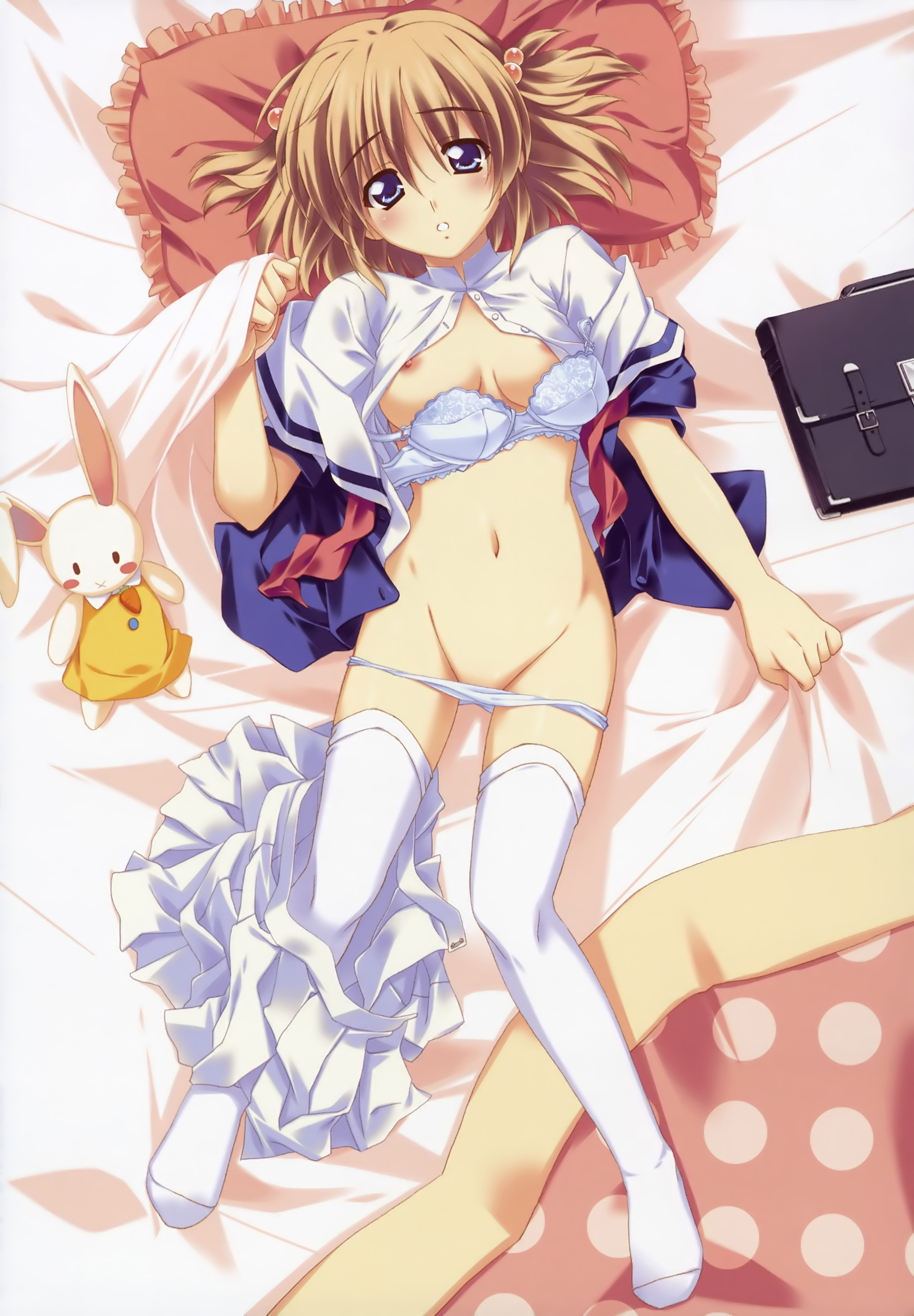 kusukusu, nonosaki tsubasa, moshimo ashita ga hare naraba, absurdres, highres, 1girl, bed, blue eyes, bra, breasts, brown hair, dakimakura (medium), female focus, lingerie, lying, panties, school uniform, serafuku, solo, stuffed animal, stuffed rabbit, stuffed toy, thighhighs, underwear