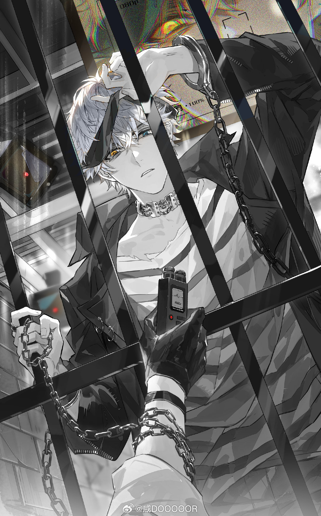 xiandao1213, love and producer, chinese commentary, highres, 1boy, bags under eyes, blindfold, blindfold lift, blue eyes, chain, chain around arm, collar, collarbone, cuffs, ear piercing, earrings, gloves, greyscale, hair between eyes, handcuffs, heterochromia, holding, holding bars, holding chain, indoors, iron bars, jacket, jewelry, lapels, long sleeves, looking at viewer, male focus, monochrome, notched lapels, open clothes, open jacket, parted lips, piercing, portrait, pov, pov hands, prison, prison clothes, recording audio, screen, security camera, shirt, short hair, solo, spot color, striped clothes, striped shirt, torn clothes, torn shirt, upper body, voice recorder, watermark, weibo watermark, yellow eyes, zhou quiluo