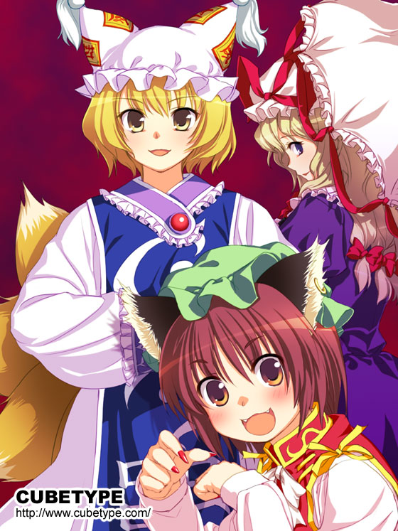 yuuki keisuke, chen, yakumo ran, yakumo yukari, touhou, 3girls, animal ears, animal hat, blonde hair, brown eyes, brown hair, cat ears, cat girl, cat tail, earrings, fangs, female focus, fox tail, hair ribbon, happy, hat, jewelry, long hair, long sleeves, mob cap, multiple girls, multiple tails, purple eyes, ribbon, short hair, tail, tassel, wide sleeves, yellow eyes