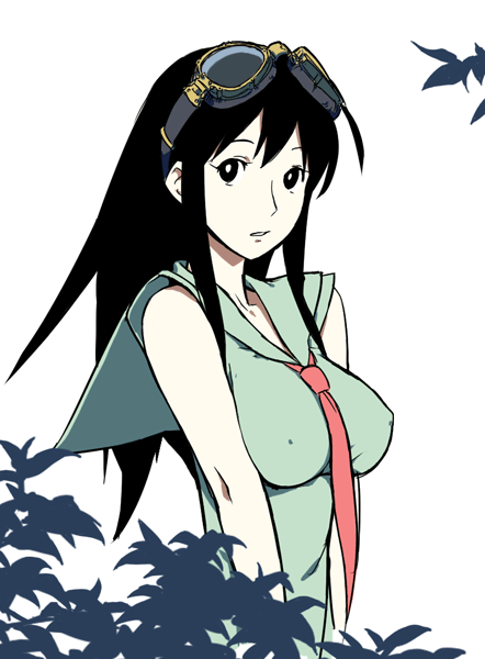 jiyu2, yurippe (dybastar), dybastar, 1girl, bare shoulders, black eyes, black hair, dress, female focus, goggles, goggles on head, green dress, impossible clothes, impossible shirt, long hair, looking at viewer, necktie, parted lips, sailor collar, shirt, simple background, sleeveless, solo, standing, upper body, white background