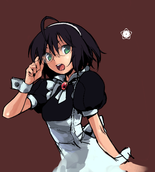 jiyu2, 1girl, adjusting eyewear, ahoge, black hair, female focus, glasses, green eyes, looking at viewer, maid, short hair, simple background, solo
