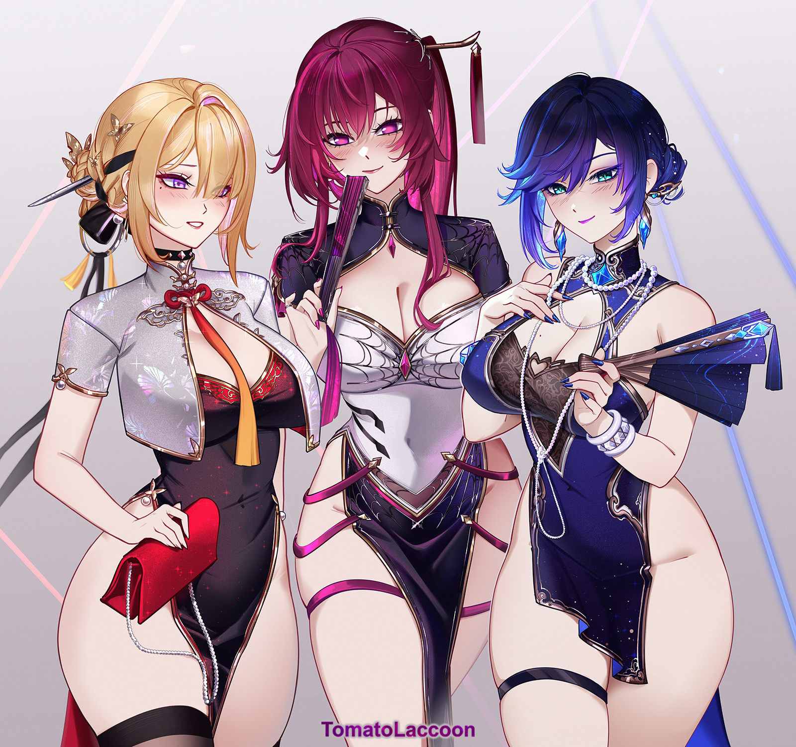 tomatolaccoon, evelyn chevalier, kafka (honkai: star rail), yelan (genshin impact), genshin impact, honkai: star rail, honkai (series), mihoyo, zenless zone zero, highres, 1girl, alternate costume, alternate hairstyle, artist name, bag, bead necklace, beads, black thighhighs, blonde hair, blue dress, blue hair, blue nails, blush, braid, braided bun, breasts, butterfly hair ornament, china dress, chinese clothes, cleavage, closed mouth, covered navel, crossed legs, dress, earrings, fingernails, folding fan, gradient background, gradient hair, green eyes, grey background, hair bun, hair ornament, hair up, hand fan, hand up, handbag, high-waist dress, holding, holding bag, holding fan, jewelry, large breasts, looking ahead, looking at viewer, medium breasts, mole, mole on breast, mole under eye, multicolored hair, nail polish, necklace, parted lips, pelvic curtain, ponytail, purple eyes, purple hair, purple lips, ring hair ornament, short hair, sidelocks, silver nails, smile, solo, thigh strap, thighhighs, thighs