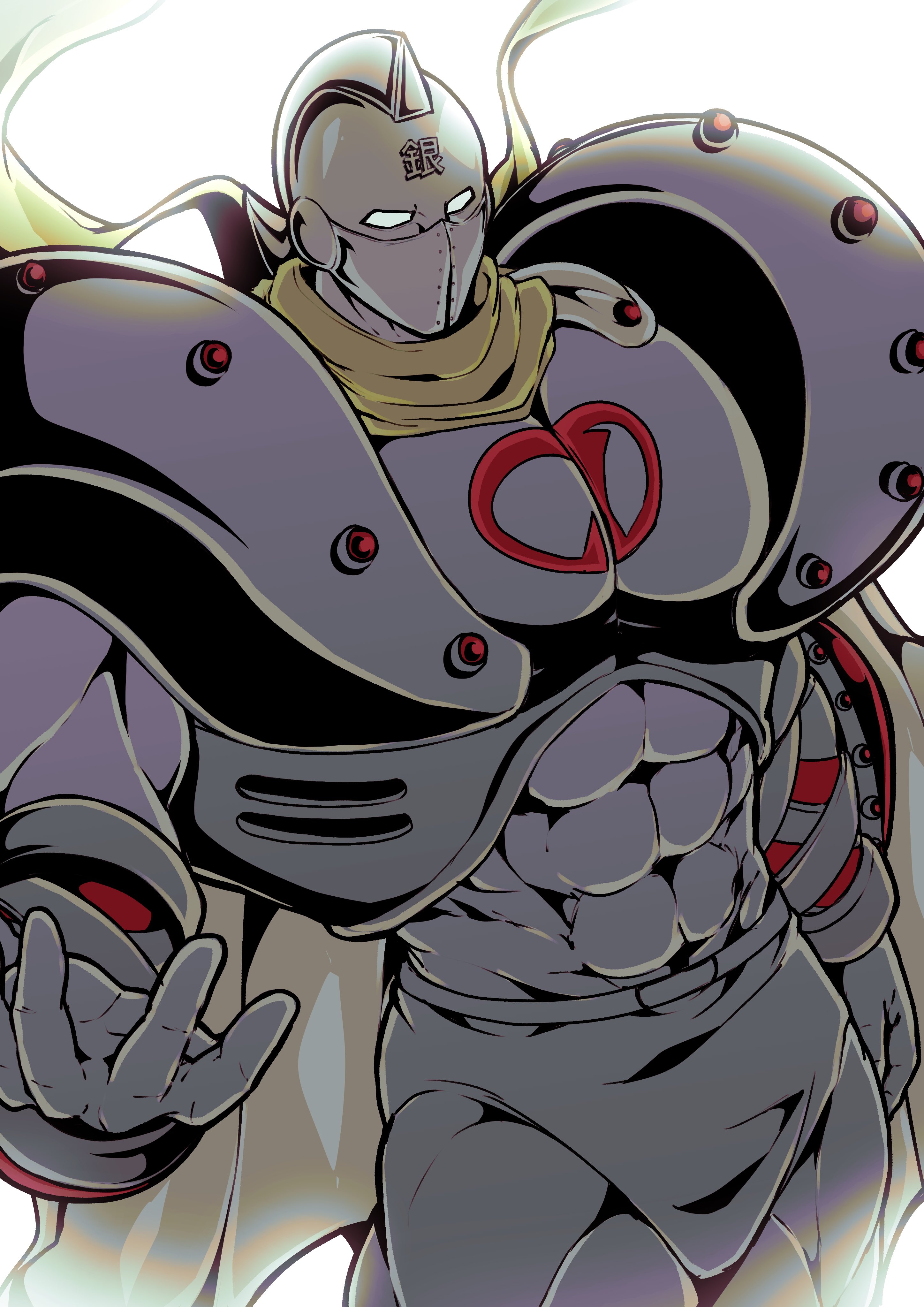 otyumamii, silverman, kinnikuman, absurdres, commentary request, highres, 1boy, armor, cape, covered abs, covered pectorals, cowboy shot, from above, gloves, grey gloves, grey helmet, grey theme, helmet, looking at viewer, male focus, muscular, muscular male, no pupils, pauldrons, pectorals, scarf, shoulder armor, silver armor, solo, white background, white cape, wrestling trunks, yellow scarf
