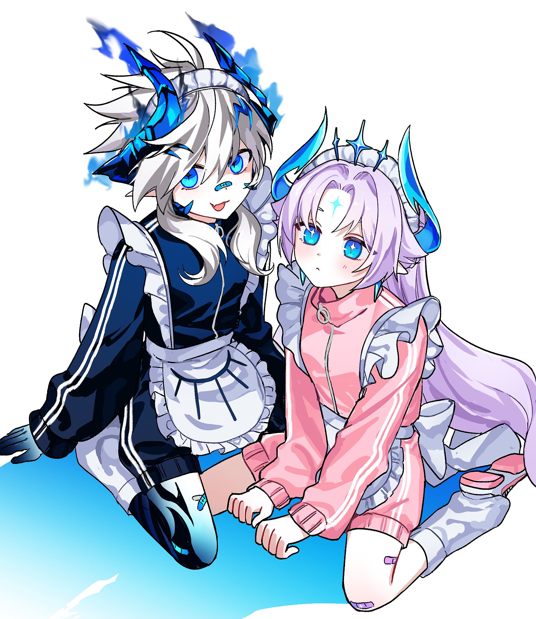 iblis (elsword), ishtar (elsword), luciela r. sourcream, elsword, highres, 2girls, alternate costume, apron, back ribbon, bandaid, bandaid on face, bandaid on leg, bandaid on nose, black hands, blue eyes, blue hands, blue horns, blue track suit, blush, body markings, colored extremities, demon girl, demon horns, dual persona, facial mark, fang, forehead mark, frilled apron, frills, horns, jacket, jersey maid, long hair, long sleeves, looking at viewer, loose socks, maid, maid apron, maid headdress, multiple girls, on ground, open mouth, pants, pink shoes, pink track suit, pointy ears, purple hair, shoes, shorts, shu pernova, sitting, skin fang, smile, socks, symbol-shaped pupils, track jacket, track pants, track suit, unconventional maid, wariza, white hair