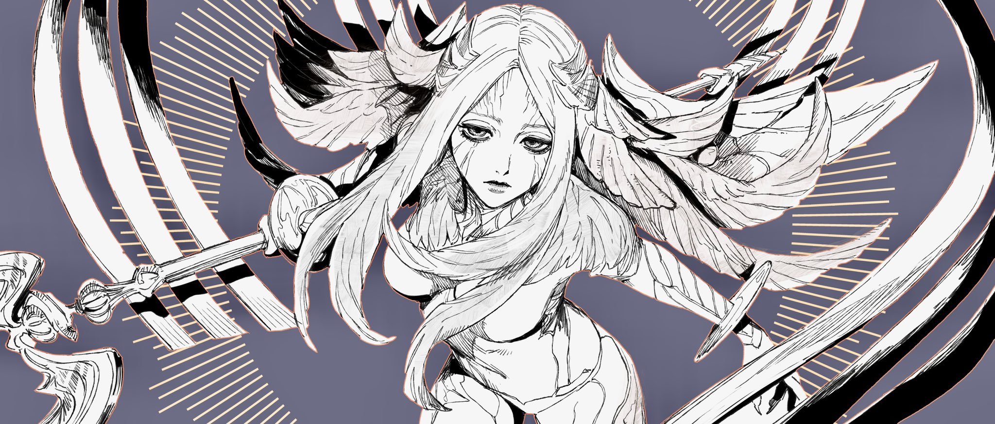 kurogorororo, forgiven obscenity, final fantasy, final fantasy xiv, highres, 1girl, breasts, cowboy shot, expressionless, grey background, greyscale with colored background, half-closed eyes, holding, holding scythe, long hair, looking at viewer, medium breasts, orange outline, outline, scythe, solo, wings