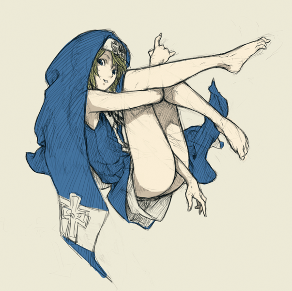 jiyu2, bridget (guilty gear), arc system works, guilty gear, guilty gear xx, 1boy, androgynous, barefoot, blonde hair, bottomless, feet, legs, male focus, sketch, solo, trap