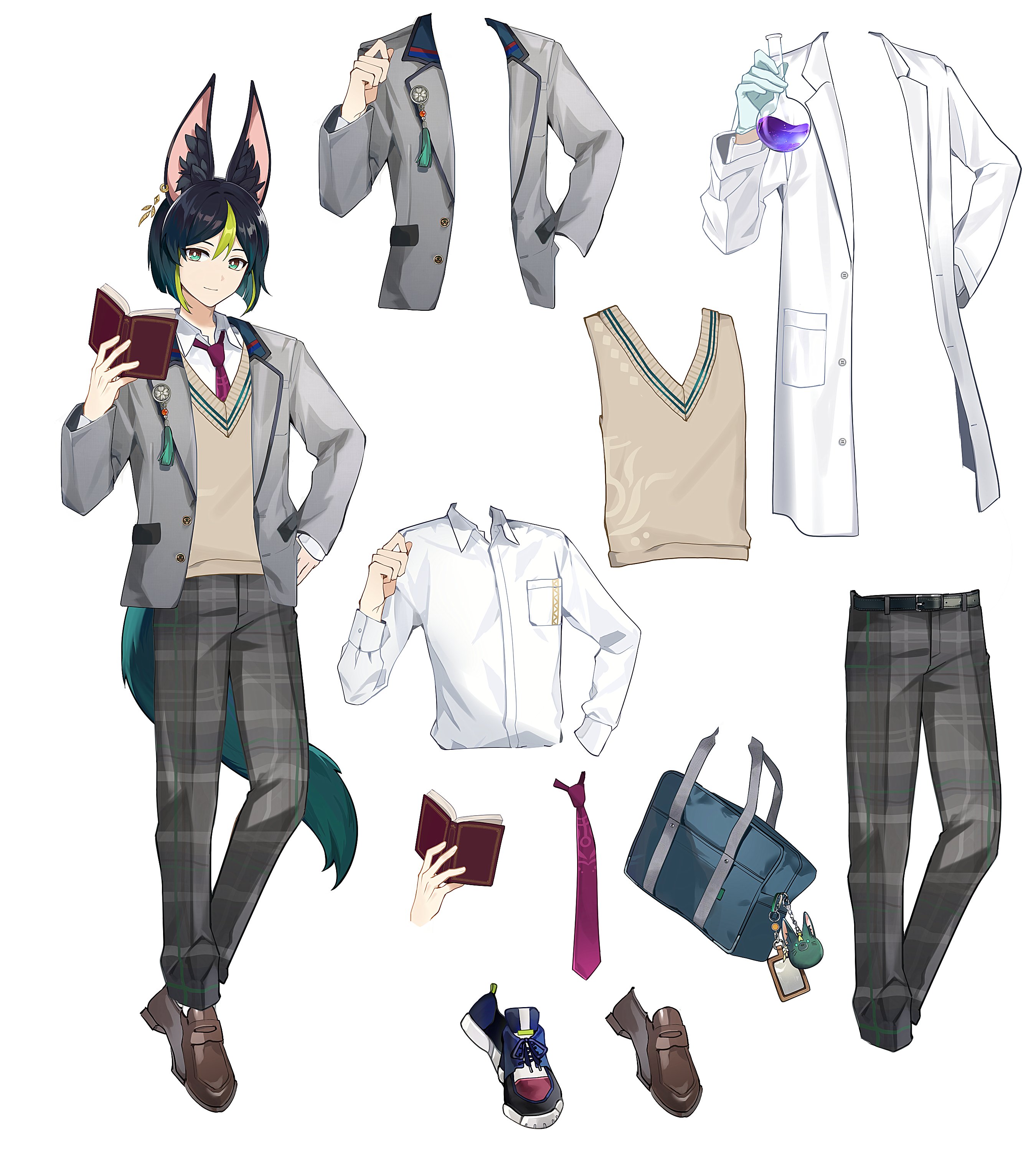 plus q, tighnari (genshin impact), genshin impact, absurdres, highres, 1boy, animal ears, black hair, book, breast pocket, fingernails, fox boy, fox ears, fox tail, green eyes, hair between eyes, holding, holding book, lab coat, male focus, multicolored hair, pants, pocket, school uniform, shoes, smile, streaked hair, tail, vest, white background