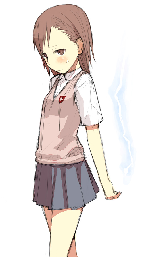 biribiri, yu 65026, misaka mikoto, toaru majutsu no index, 00s, 2008, electricity, electrokinesis, school uniform, serafuku, solo, sweater vest, tokiwadai school uniform, vest