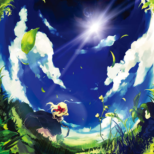 tokiame, original, lowres, 1girl, blonde hair, blue dress, blue sky, bow, cloud, cloudy sky, day, dress, female focus, fisheye, flower, from behind, from below, grass, hair bow, hair ribbon, large bow, leaf, light rays, long hair, moon, nature, outdoors, red bow, ribbon, sky, solo, standing, sun, sunlight, wind