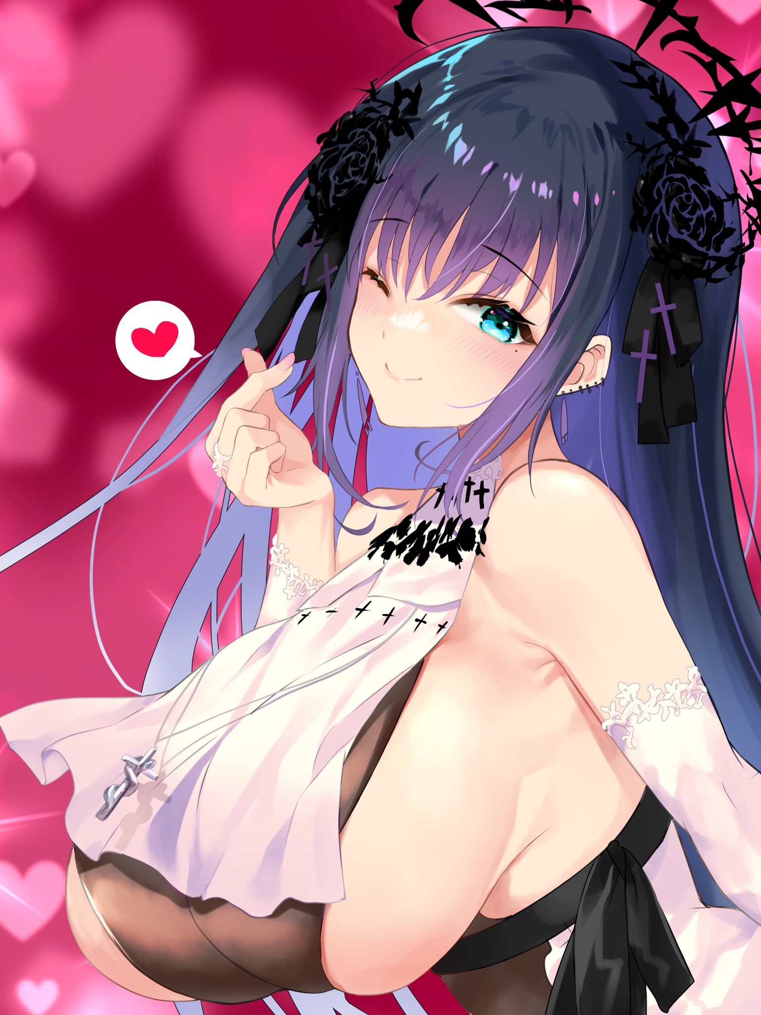 yozora meguru, indie virtual youtuber, artist request, highres, second-party source, 1girl, black flower, black hair, black ribbon, black rose, blue eyes, blush, breasts, detached sleeves, dress, finger heart, flower, gradient hair, hair flower, hair ornament, halo, heart, huge breasts, large breasts, long hair, looking at viewer, mole, mole under eye, multicolored hair, one eye closed, purple hair, ribbon, rose, sideboob, simple background, smile, solo, speech bubble, spoken heart, white dress