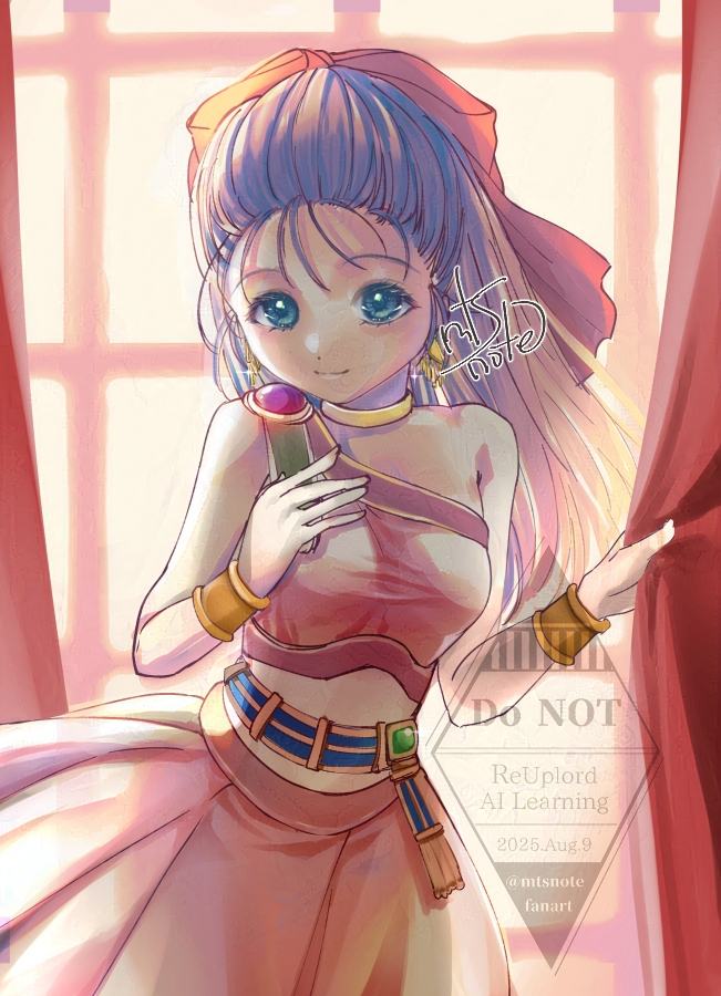 mtsnote, flora (dq5), dragon quest, dragon quest v, commentary request, 1girl, belt, blue eyes, blue hair, bow, bracelet, breasts, choker, curtains, dress, earrings, from above, gold bracelet, gold choker, hair bow, hair pulled back, half updo, hand on own chest, indoors, jewelry, long hair, looking at viewer, looking up, medium breasts, multicolored dress, pink bow, pink dress, signature, single-shoulder dress, smile, solo, watermark, window