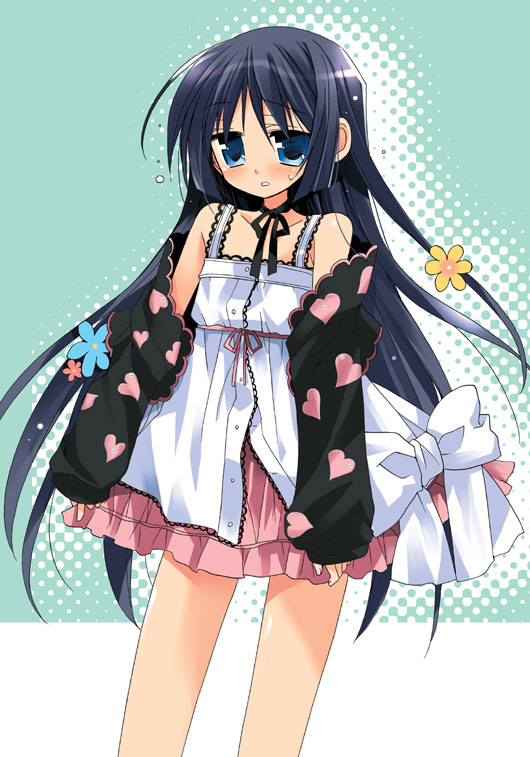 araki kanao, kana (artist), saginomiya isumi, hayate no gotoku!, 00s, 1girl, alternate costume, bare legs, black hair, blue eyes, blue hair, bow, choker, detached sleeves, dress, female focus, flower, flying sweatdrops, hair flower, hair ornament, heart, long hair, matching hair/eyes, ribbon, ribbon choker, solo, very long hair