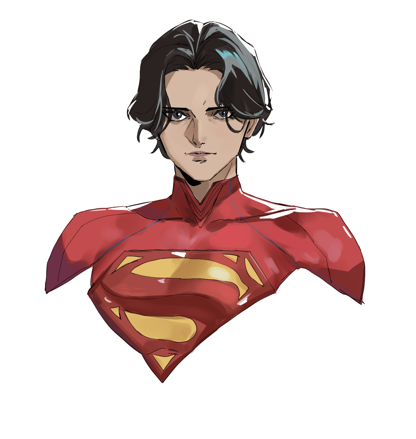taiyang yu, supergirl, dc comics, dc universe (franchise), superman (series), highres, 1girl, black eyes, black hair, bodysuit, breasts, dark-skinned female, dark skin, high collar, lips, looking at viewer, nose, parted bangs, parted hair, portrait, short hair, simple background, small breasts, solo, superhero costume, superman logo, toned, white background