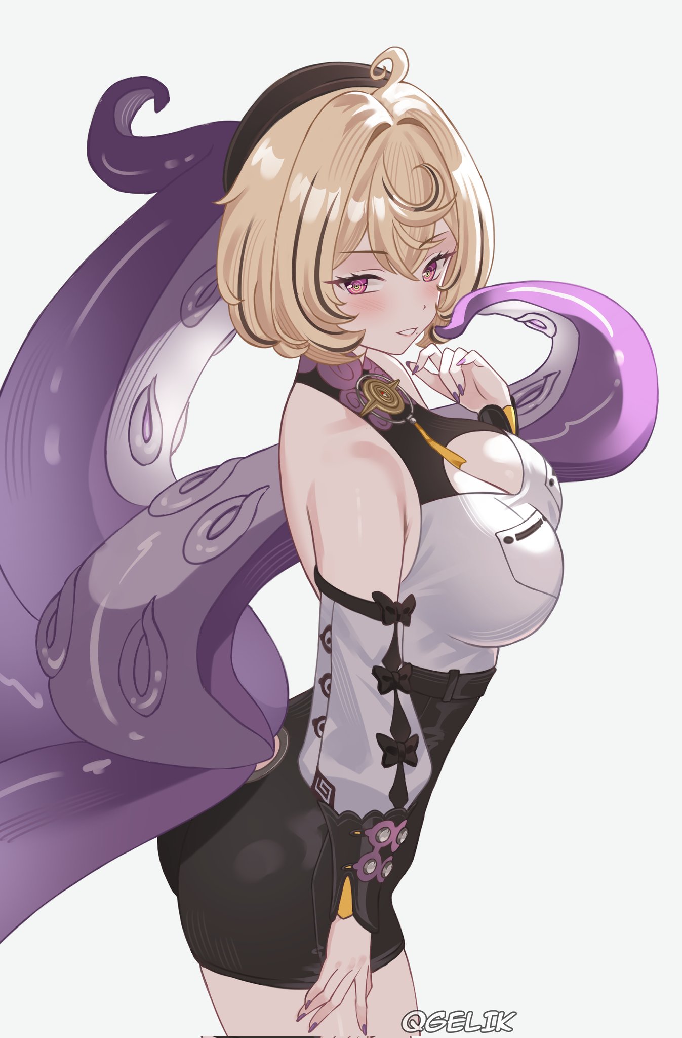 gelik, yidhari (zenless zone zero), zenless zone zero, highres, 1girl, accessories, arm up, bare shoulders, blonde hair, breasts, cleavage cutout, clothing cutout, detached sleeves, hand up, hat, high-waist shorts, looking at viewer, mole, mole under mouth, monster girl, octopus, purple eyes, purple nails, short hair, shorts, smile, solo, spiral, sticker, teeth, tentacle tail, tentacles, white background
