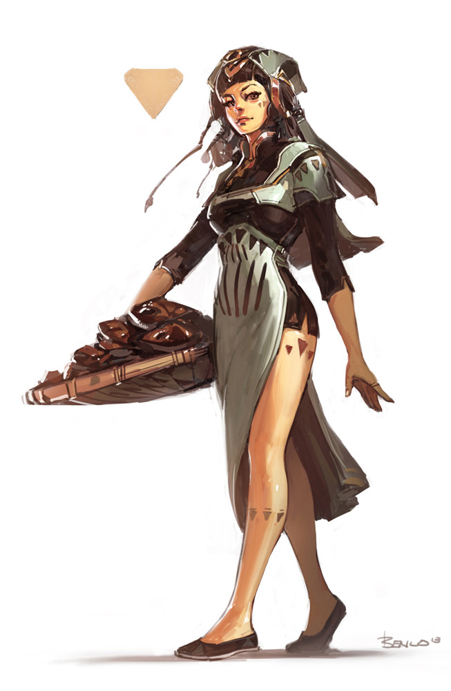 ben lo, original, 1girl, armor, basket, brown hair, brown shirt, brown slippers, facial mark, full body, hair flowing over, headscarf, holding, holding basket, jewelry, leg markings, long hair, looking at viewer, mushroom, painterly, pelvic curtain, ring, shirt, shoulder armor, side slit, simple background, slippers, smile, solo, walking, white background