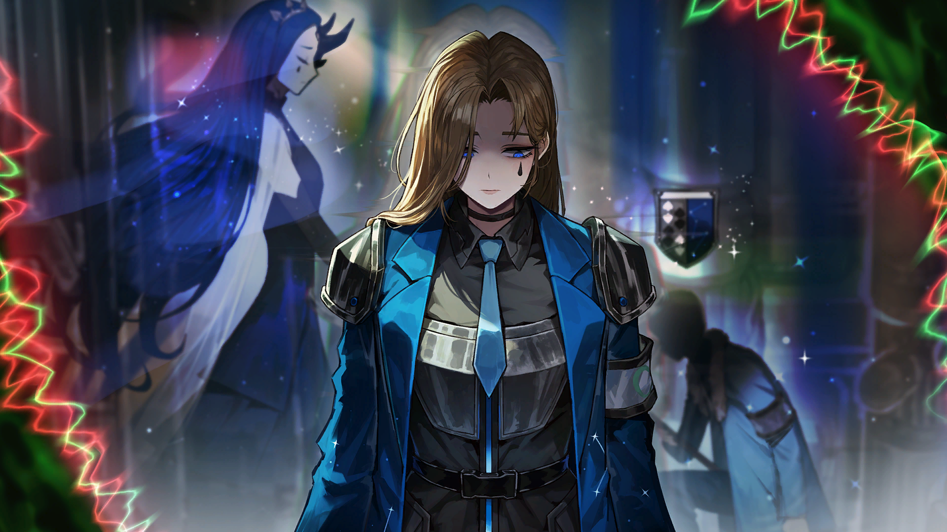 nai ga, knight of despair, rodion (project moon), limbus company, project moon, game cg, highres, official art, 1other, 2girls, armband, armor, belt, black choker, black shirt, blue coat, blue eyes, blue hair, blue necktie, breastplate, brown hair, choker, closed eyes, coat, collared shirt, e.g.o (project moon), facial tattoo, lobotomy corporation (identity) (project moon), long hair, multiple girls, necktie, pauldrons, rapier, sad, shield, shirt, shoulder armor, solo focus, sword, tattoo, the sword sharpened with tears (e.g.o), weapon